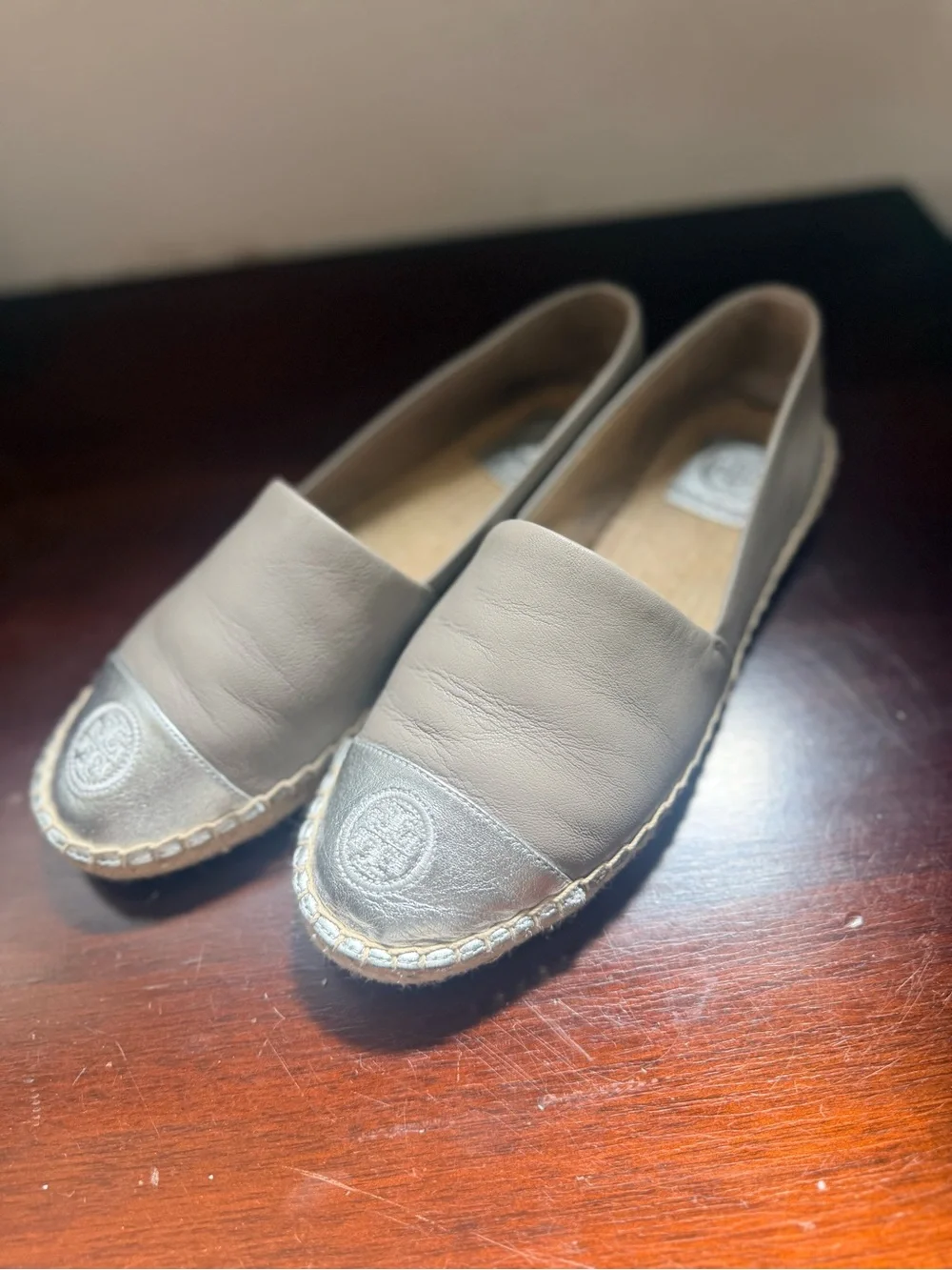 Tory Burch Taupe Leather Espadrilles with Silver Toe Cap